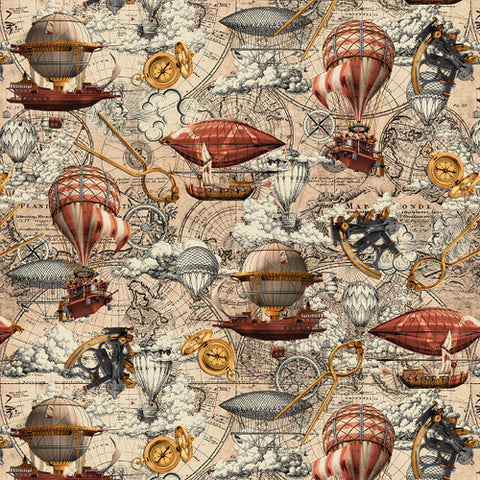 This steampunk inspired fabric is covered in hot air balloons over a vintage map background with pocket watches and other Victorian tools. This fabric coordinates well with the "Parchment Key" fabric! Designed by Tim Holtz for Eclectic Elementz 