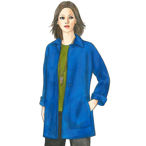 Chicago Jacket Unlined jacket has curved waist seams, diagonal front darted seams with pocket openings. Center front darts shape the narrow lapels leading to turn-down collar. Raglan sleeves blend into short curved shoulder seams. Narrow stitched hems, one-button closure. Wrong side of fabric shows.  Share your finished garments on Instagram with #swchicagojacket  Sizes XS, S, M, L, XL, XXL. View our Measurement Chart.