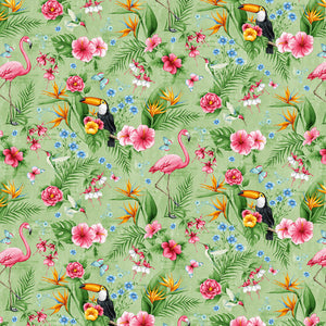 This tropical print is covered in flamingos and toucans with hibiscus and birds of paradise flowers. Light green background makes the bright pink flamingos pop! 100% Cotton, 44/5"  