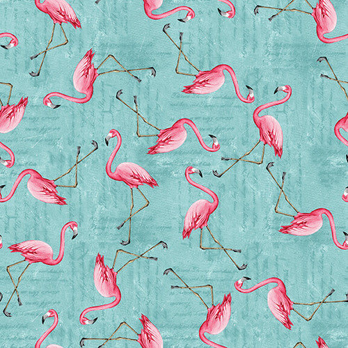 This tropical print is covered in flamingos over an aqua background with lines to add texture. Designed by Emma Leach for Blank Studio. 