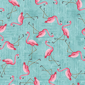 This tropical print is covered in flamingos over an aqua background with lines to add texture. Designed by Emma Leach for Blank Studio. 