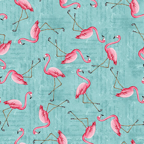 This tropical print is covered in flamingos over an aqua background with lines to add texture. Designed by Emma Leach for Blank Studio. 