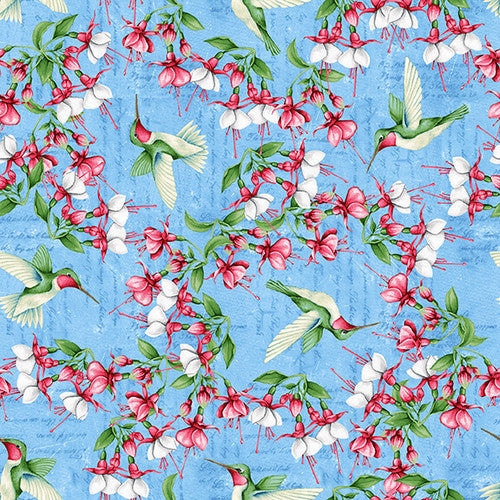 This tropical print is covered in hummingbirds and tiny pink flowers on a light blue background. This fabric is so pretty and the more you look at it the more you see!  Designed by Emma Leach for Tropical Vibes collection from Blank Studio. 