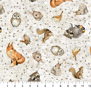 By Sherri Buck Baldwin for Northcott Studio -This adorable fabric is covered with woodland creatures - titled "Tenderwood" - Foxes, owls, bunnies, squirrels and birds, oh my! 