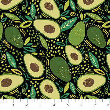 This fun fabric is covered in avocados! Bright green avocados on a black background with dots and leaves. Perfect for any kind of project.