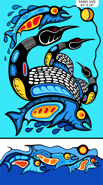 This fun and graphic fabric is the perfect complement to the aboriginal fabrics. The panel has fish and birds in black and blue with geometric designs inside. Bright blue background makes the black birds pop! Use this as a panel for a quilt or use it on its own and turn it into another project. 