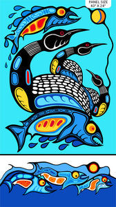 This fun and graphic fabric is the perfect complement to the aboriginal fabrics. The panel has fish and birds in black and blue with geometric designs inside. Bright blue background makes the black birds pop! Use this as a panel for a quilt or use it on its own and turn it into another project. 