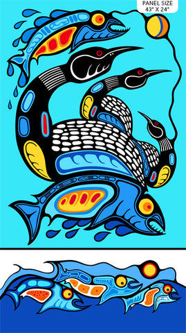 This fun and graphic fabric is the perfect complement to the aboriginal fabrics. The panel has fish and birds in black and blue with geometric designs inside. Bright blue background makes the black birds pop! Use this as a panel for a quilt or use it on its own and turn it into another project. 