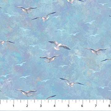 This light blue-sky fabric is covered with seagulls! This fabric is a great representation of a New England nautical sky. Sky background has blues, purples, white and light turquoise mixed in between the clouds. Seagulls look so life like, this would be a great fabric for so many different projects!  
