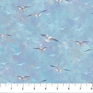 This light blue-sky fabric is covered with seagulls! This fabric is a great representation of a New England nautical sky. Sky background has blues, purples, white and light turquoise mixed in between the clouds. Seagulls look so life like, this would be a great fabric for so many different projects!  