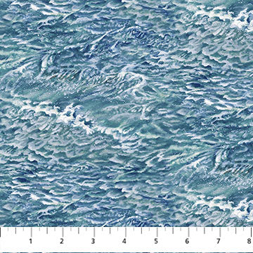 This light blue ocean print is covered in waves, white caps, ocean spray and some dark shadows from the waves. This fabric has a lot of visual texture and would be a great alternative to a solid for a nautical quilt! 