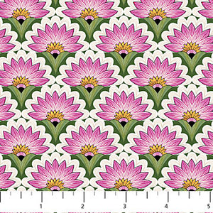 This collection was made by Michel Design Works for Northcott. This collection features lilies, dragonflies, and other geometric floral designs. This fabric is a repeat of a lily that resembles a scallop shell. 