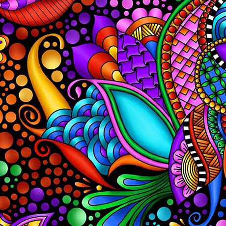 Bold and bright, uplifting and hypnotic, these prints combine for a dynamic collection in prismatic color. Accented with black, the color pops and the detailed artwork shines. These vivid fabrics are perfect for eye–catching quilts, accessories and home décor. © Debi Payne.