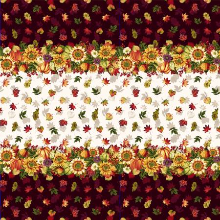 Double border of leaves and flowers from the Pumpkin Harvest collection by Color Principle for Henry Glass & Co.  100% Cotton, 44/5"