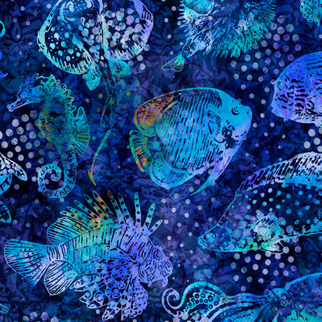 This collection by ©Dan Morris follows up the very popular Oceana collection. Ocean-themed designs with rich, nautical colors and layered textural elements. This QTique collection integrates the technology of digital printing with the aesthetic and traditional weave of batiks. Printed on cotton 130/70 woven fabric with the QT soft hand finish.100% cotton, 44/5"