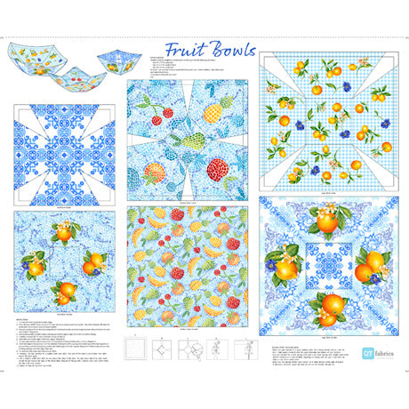Super quick, easy-to-sew panels feature pattern and instructions on one panel! Just add a few notions and interfacing and voila! You have a great gift for a friend or yourself! New this season from QT Fabrics is an educational and fun Book of Favorite Things perfect for a little someone in your life. Fruit Bowls are pretty in blue and highly decorative for kitchen items or wherever you might need a catch-all. 