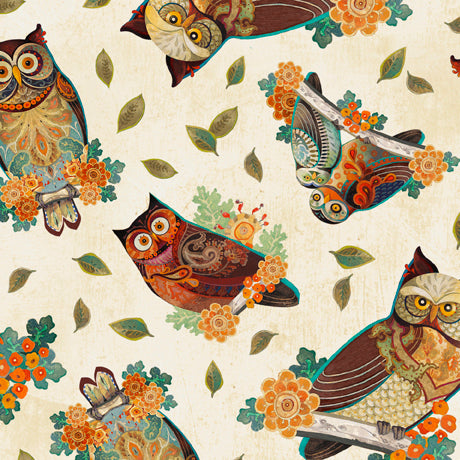 A family of owls adorned in intricate detail and jeweled color are perched in a 24” panel complimented by coordinating owl designs, an ornate floral, and scallop texture. This collection will appeal to both the young and old with its sophisticated yet playful aesthetic. Quilts, home décor items, apparel, and accessories await! ©David Galchutt