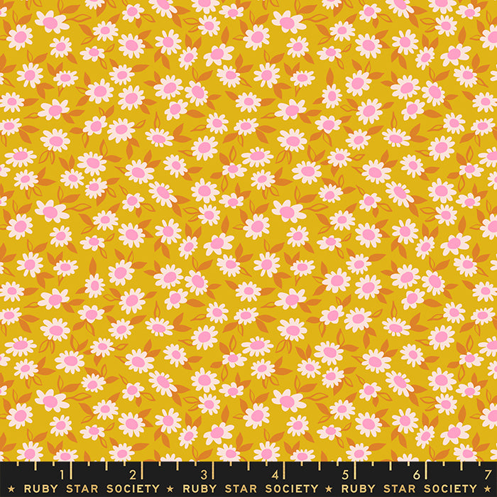 Melody Miller for Ruby Star Society - collection Stay Gold.  These daisy print fabrics are great for adding a little whimsy to your next project. Each color is unique in it's own way!