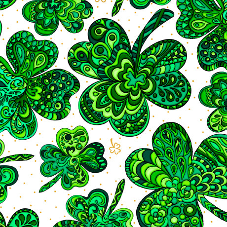 Shamrocks and clovers rendered in sophisticated detail and vibrant color are complimented by an ombre stripe that will create a festive atmosphere in a quilt, home/tabletop décor, or apparel. Slainte’! ©QT Fabrics