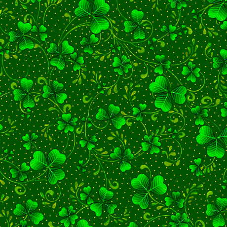 Shamrocks and clovers rendered in sophisticated detail and vibrant color are complimented by an ombre stripe that will create a festive atmosphere in a quilt, home/tabletop décor, or apparel. Slainte’! ©QT Fabrics