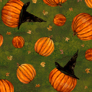 This fun fabric is covered in pumpkins! Some pumpkins even have witch hats. Dark green background with leaves. Perfect fabric for all your fall projects.  100% cotton, 44/5"  ALL FABRICS ARE PRICED BY THE HALF YARD.  PLEASE ORDER IN QUANTITIES OF 1/2 YARD.  WE WILL CUT IN ONE PIECE.