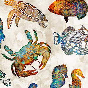 Sea creatures, shells, and watercolor textures combine for an aquatic adventure! Picture patches and allovers will create one-of-a-kind, island inspired quilts, accessories, and apparel. This QTique collection integrates the technology of digital printing with the aesthetic and traditional weave of batiks. ©Dan Morris