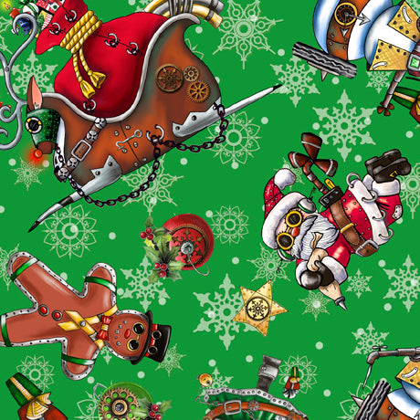 ©Desiree’s Designs delivers a Christmas collection in her fantastical, whimsical, steampunk world. A large feature panel and border stripe mix and match seamlessly with themed coordinates to create a one-of-a-kind project. And be sure to try the recipes!