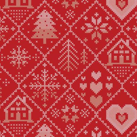 This fabric is covered in cross stitch Christmas inspired designs. Christas red background with white and grey stitching design on top. 100% cotton, 44/45 in. 