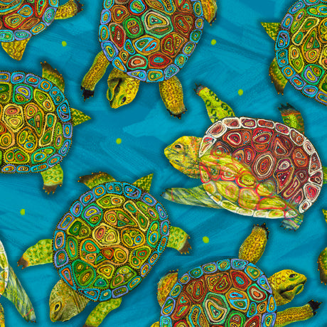 Artist ©Nancy Moore uses mosaic styling to create one-of-a-kind prints worthy of an art gallery. Picture patches, allovers, and tonal coordinates showcase turtles in inlays of detail and color for a collection nothing short of spectacular!