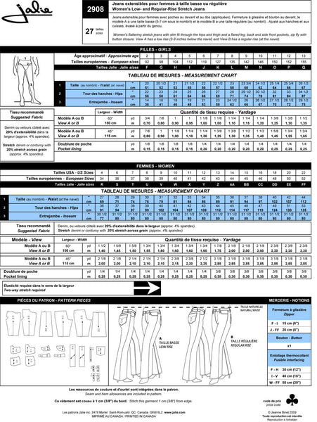 Women's flattering stretch jeans with slim fit through the hips and thigh and a flared leg, back and side front pockets, zip fly with button closure. View A has a low rise (2-3 inches below the navel) and View B has a regular rise (at the navel).