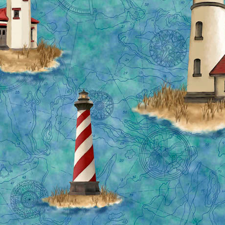 This fabric is covered with lighthouses over a light blue background with a map hidden in the background. Lobsters and lighthouses, a cow skin print, blueberries, and a linear map – it’s a bit of this and that to spark your sewing creativity! What will you make? ©QT Fabric.