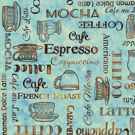 This fabric is full of coffee quotes and sketches of all things coffee all over. This collection of all things coffee, will awaken your creativity in projects perfect for the kitchen, novelty accessories, and themed quilts for every java enthusiast. How do you take it? ©Dan Morris