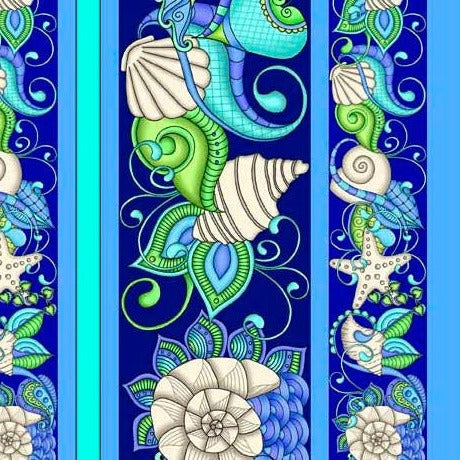 This stripe is great for any pattern that calls for a striped fabric! Quilt border, bag, table runner, placemat, etc. Paisleys mix with seashells for a sophisticated coastal inspired collection. Rich ocean blues will add a decorator’s touch to your beachy or nautical projects. Create quilts, home décor accents, seaside accessories, and so much more!