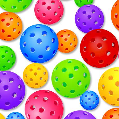 This fabric is great for kids toys, clothes, decorations and more! Get creative with QT's This & That IX collection. This fabric features pickleballs in all different colors over a white background. 