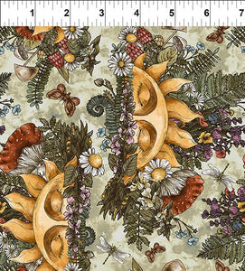 This fabric is from In the Beginning and is designed by Jason Yenter. This collection is a little bit reminiscent of the 90s. Full of colorful suns surrounded by leaves, flowers and mushrooms on top of a grunge green/brown background. 