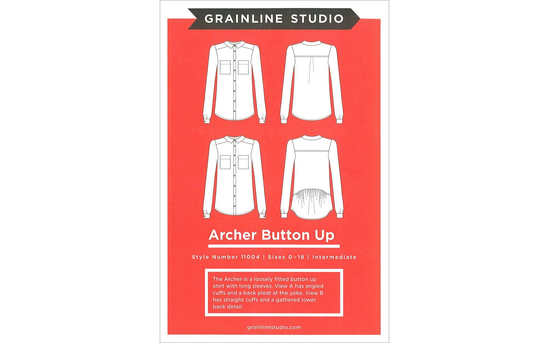 GrainLine Studio Archer Button Up Pattern- A loosely fitted button up shirt with long sleeves. View A has angled cuffs and a back pleat at yoke. View B has straight cuffs and a gathered lower back detail. Techniques include sewing a straight seam, setting sleeves, continuous button plackets, adding a shirt collar and buttons & buttonholes. Intermediate level pattern. Sizes 0 - 18.