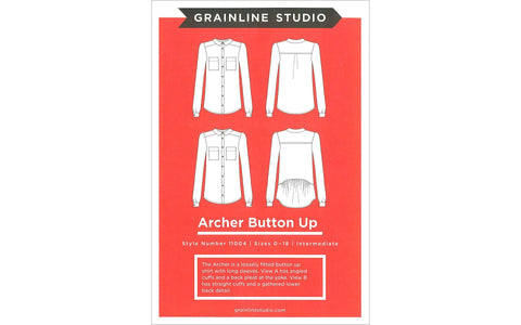 GrainLine Studio Archer Button Up Pattern- A loosely fitted button up shirt with long sleeves. View A has angled cuffs and a back pleat at yoke. View B has straight cuffs and a gathered lower back detail. Techniques include sewing a straight seam, setting sleeves, continuous button plackets, adding a shirt collar and buttons & buttonholes. Intermediate level pattern. Sizes 0 - 18.