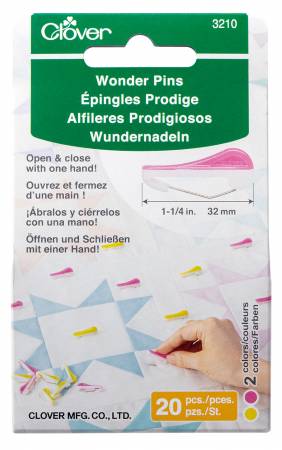 Clover Wonder Pins are a revolutionary new pin concept to temporarily hold layers of fabric together instead of safety pins and straight pins!! They are strong enough to pierce multiple layers but thin enough to go through fabric without leaving holes. Wonder Pins are great when a sturdier thinner pin is necessary to pierce thick layers without bending. No need to pick up fabric when pinning. Clover Wonder Pins are fabulous for making alterations.