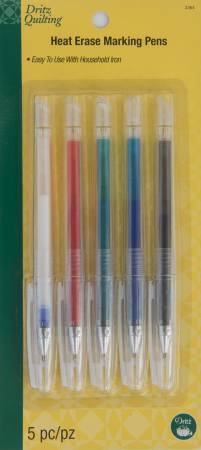 Dritz Quilting heat erase marking pens contain a specialized ink that can be removed through heat. Perfect to use with standard household iron. Use to mark quilting or applique lines. Set contains 5 pens, one each of white, red, green, blue and black. Just mark, stitch and iron any leftover marks away.. Always test ink in an inconspicuous place to make sure you achieve the desired result.