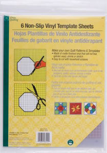 Design your own quilt patterns and templates using the Dritz Quilting Non-Slip Vinyl Template Sheets 8.5in x 11in, Pack of 6. This pack has four template sheets with 0.25-inch grids and two plain sheets. These template sheets measure 8.5 x 11 inches each and are made of matte finished vinyl. They are easy to cut with household scissors and won't tear, splinter, warp, shrink or stretch.