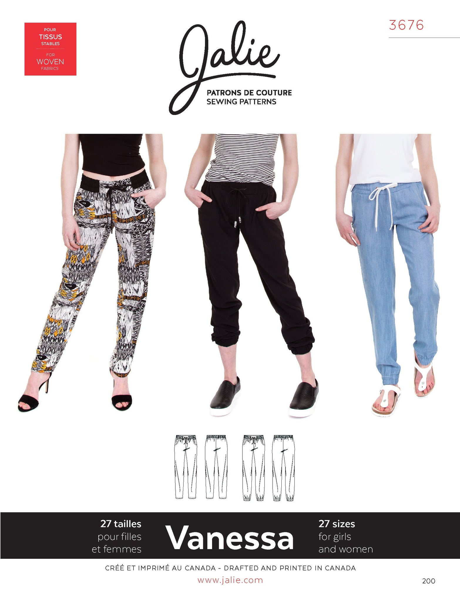 Fluid Pants Lightweight woven pants with full elastic and drawstring waistband, tapered leg, slanted hip pockets and faux fly. A waisband inset keeps center front flat and allows for a cute color accent.  A: Hemmed at ankle length B: Elasticized cuffed hem