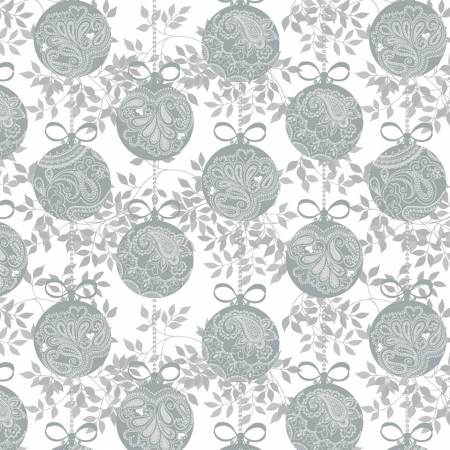 Holiday Village by Whistler Studios Collection.  Silver ornaments arranged in rows and columns.  100% Cotton, 44/45"