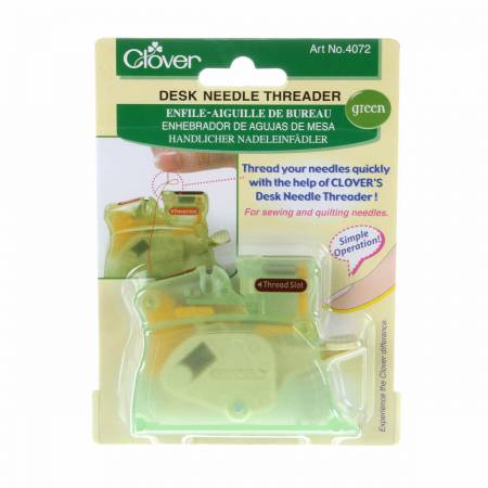 Clover Desk Needle Threader can be used to thread thick and fine needles. Insert the thread in the groove, set in the needle, eye part down and press the lever. Pull out the threaded needle and cut the thread. What could be easier.