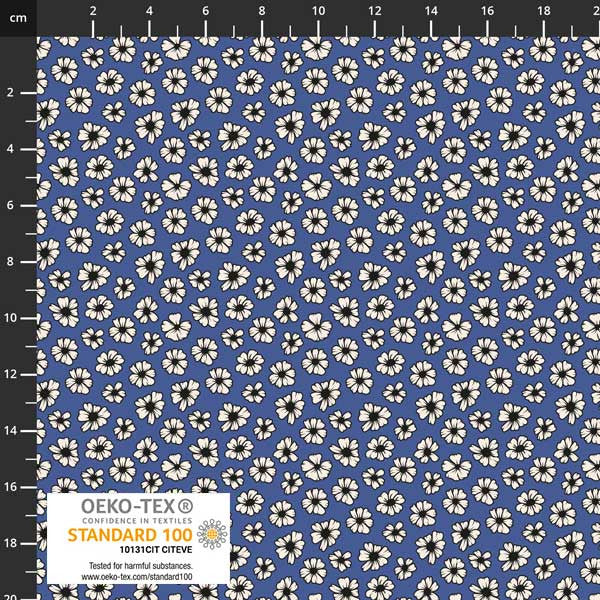 This fabric is covered in little white daisies with black centers over a dark blue background. This fabric has a very soft hand and would be great for any kind of sewing project. 