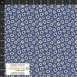 This fabric is covered in little white daisies with black centers over a dark blue background. This fabric has a very soft hand and would be great for any kind of sewing project. 