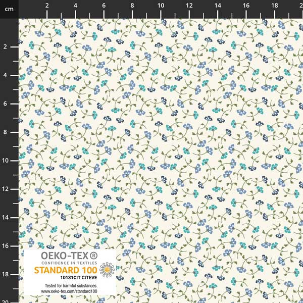This fabric is covered in little blue and teal flowers with a bunch of green leaves and vines over a white background. This fabric has a very soft hand and would be great for any kind of sewing project. 