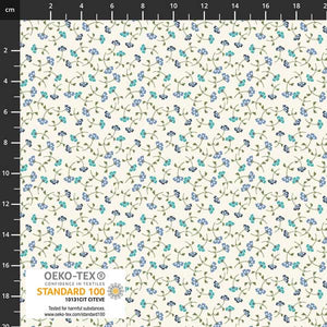 This fabric is covered in little blue and teal flowers with a bunch of green leaves and vines over a white background. This fabric has a very soft hand and would be great for any kind of sewing project. 