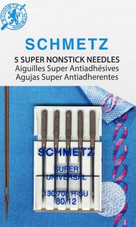The NEW SCHMETZ Super Nonstick Needle has a slippery surface that ensures less adhesive residue sticks to the needle. Features A Super Universal Needle with a non-stick coating of NIT (Nickel-Phosphor-PTFE). Extra-large eye is suitable for embroidery work. The eye corresponds to a needle two sizes larger (i.e., the 70/10 Non Stick eye is similar to a size 90/14 regular Universal eye). Distinctive scarf with the special design of the eye ensures prevention of skipped stitches