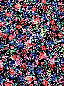 ﻿This fabric is bright and colorful - small sized floral toss with a black background. Reminiscent of the popular 80s floral prints. 