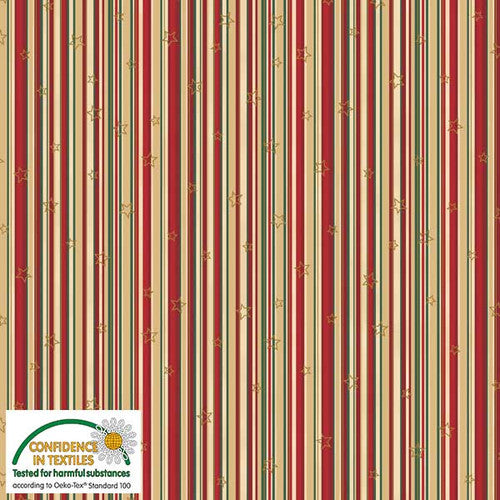 This fabric has green, red and gold stripes on a beige background with outlines of gold stars. Perfect holiday blender! 100% Cotton, 44/5"